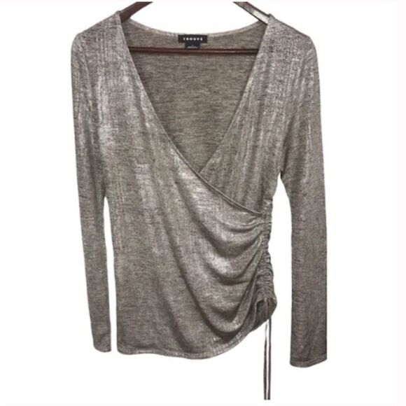 Women's Trouve Metallic Silver Gold Long Sleeve Wrap Top - Picture 1 of 11